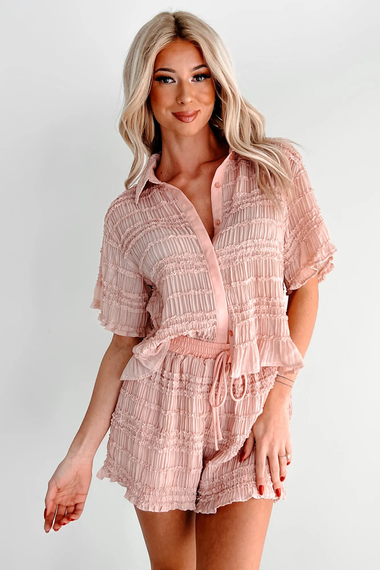 Figuring It Out Rüschenbluse & Shorts-Set (Rosa)