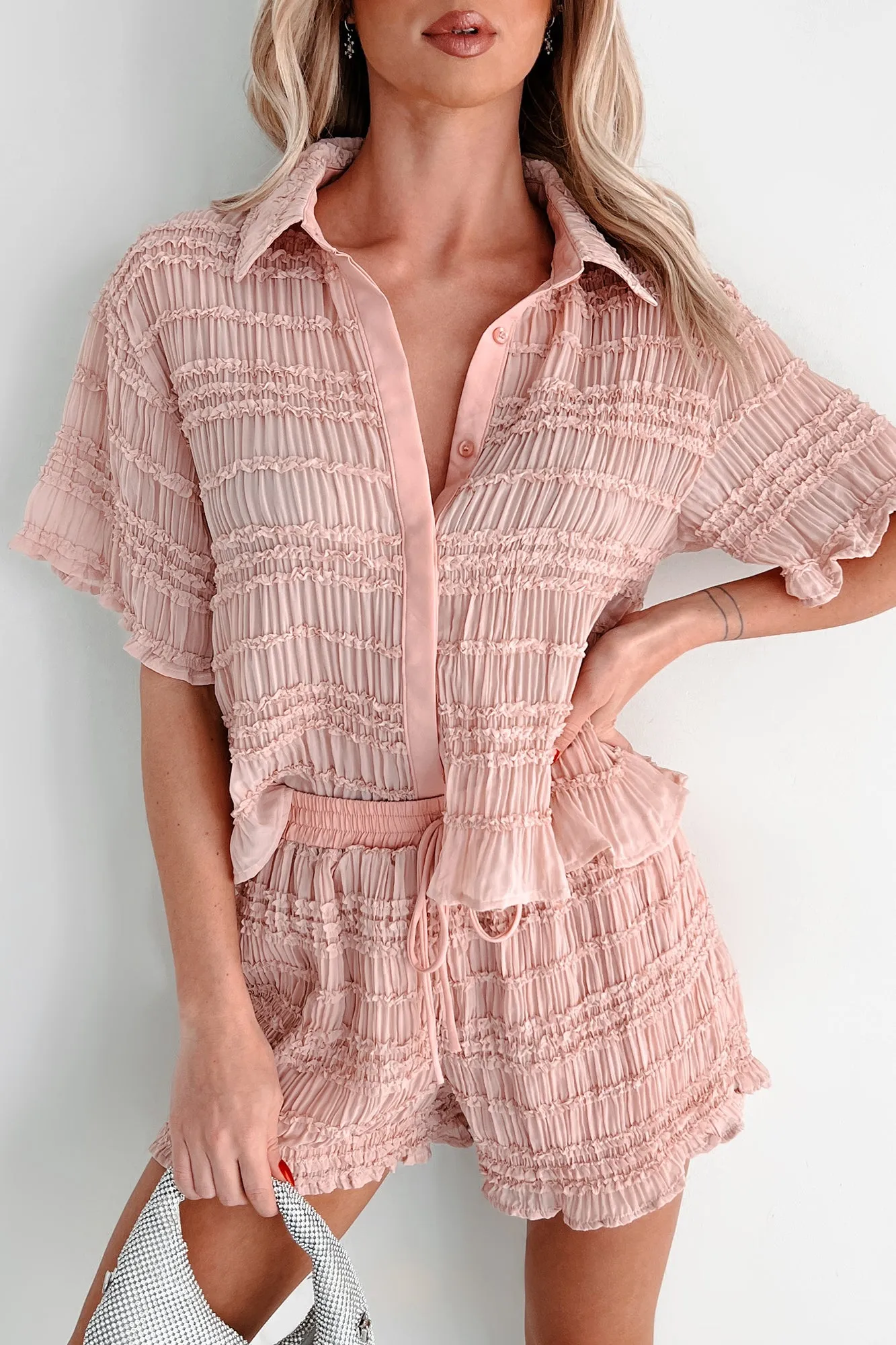 Figuring It Out Rüschenbluse & Shorts-Set (Rosa)