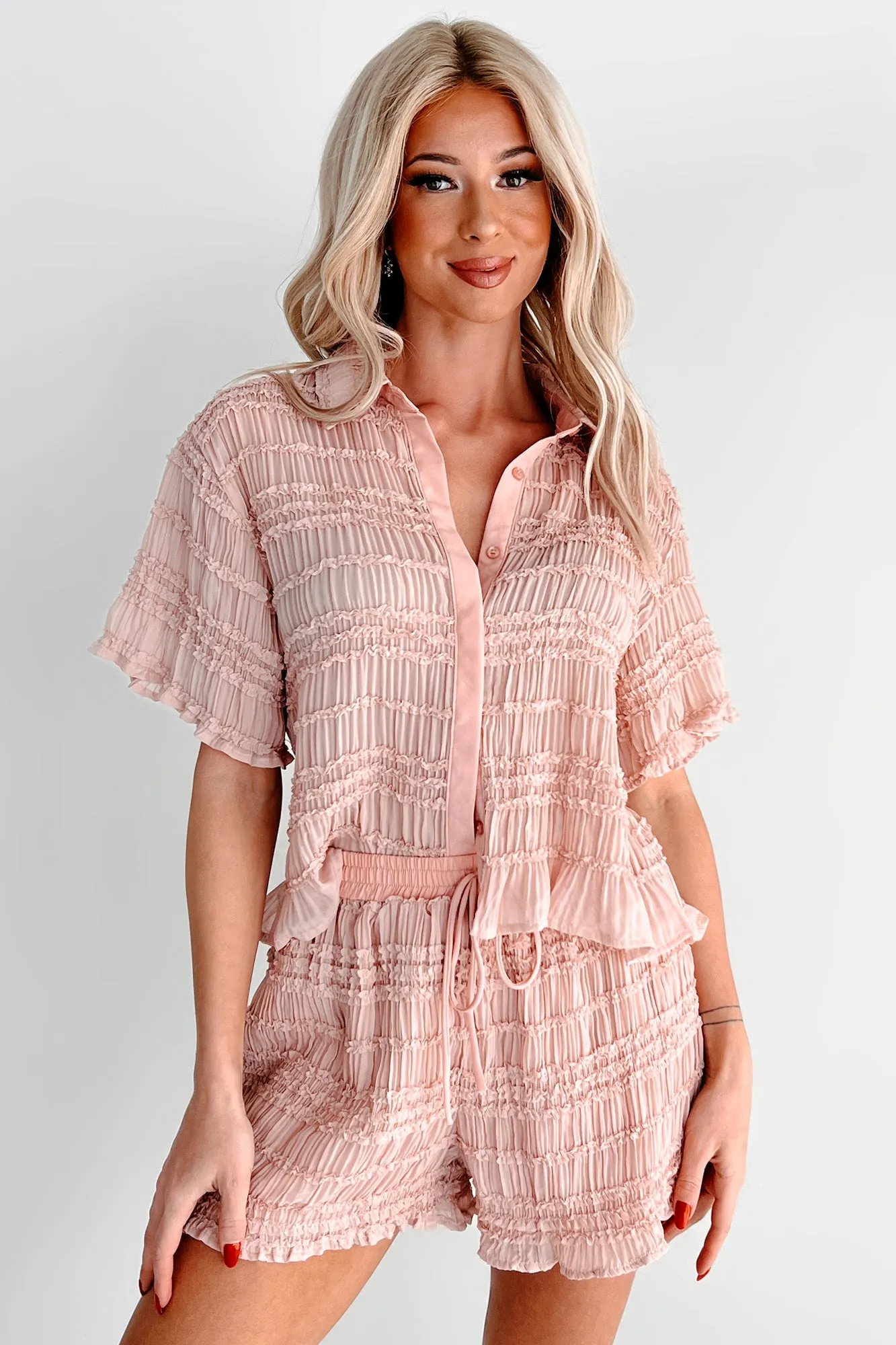 Figuring It Out Rüschenbluse & Shorts-Set (Rosa)