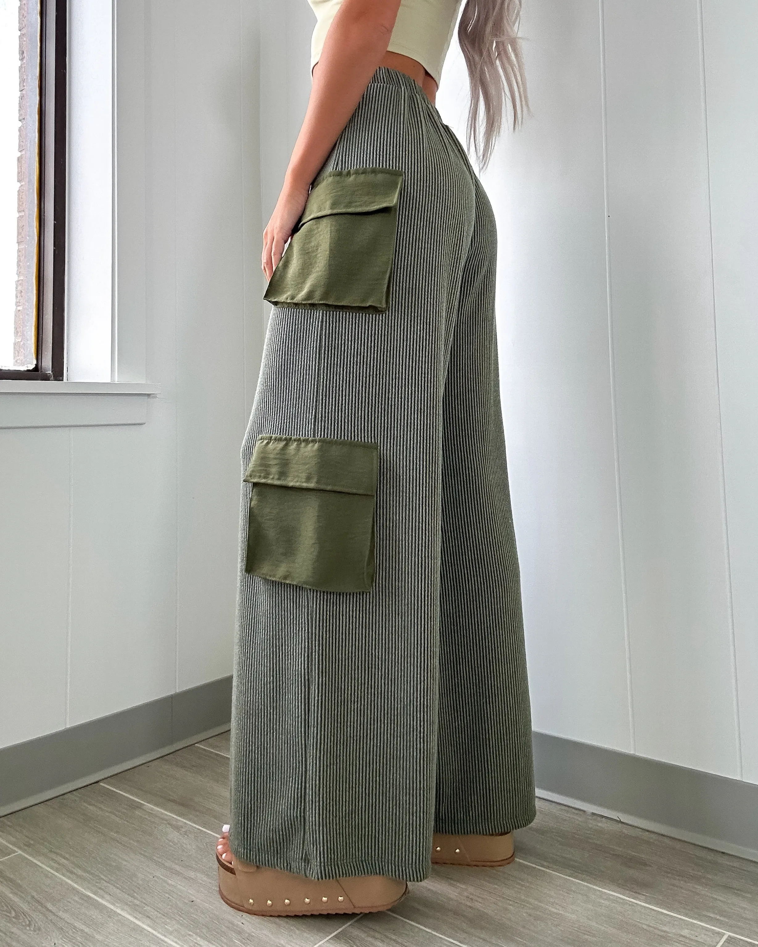 Kalani Cargo Rippenbund Weite Bein Hose - Olive