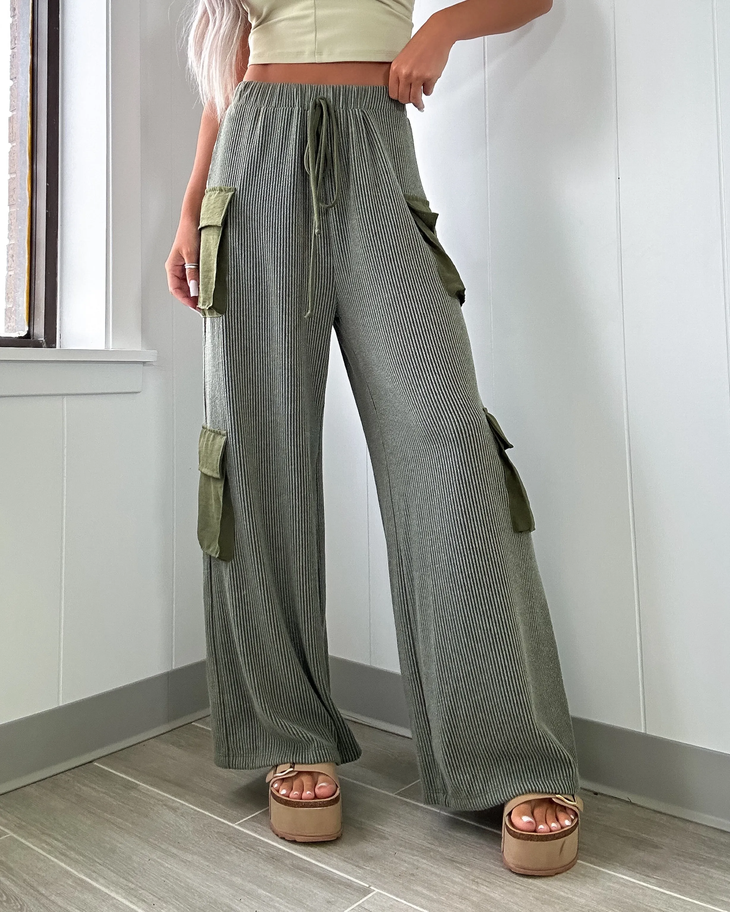 Kalani Cargo Rippenbund Weite Bein Hose - Olive