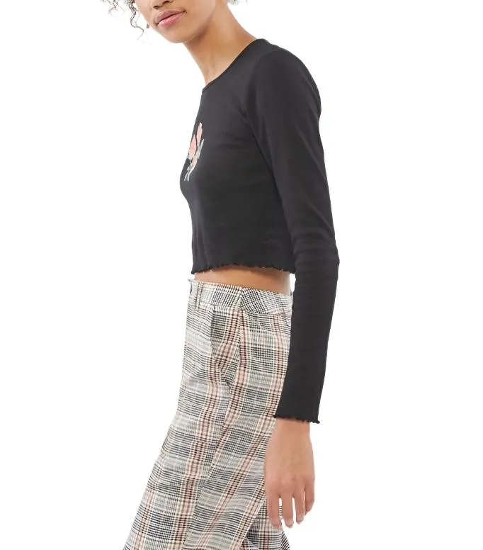 TMD Schwarzes Blumen-Langarm-Crop-Top