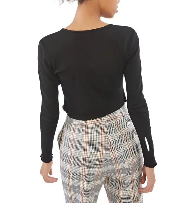TMD Schwarzes Blumen-Langarm-Crop-Top