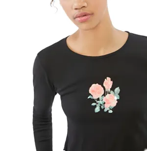 TMD Schwarzes Blumen-Langarm-Crop-Top