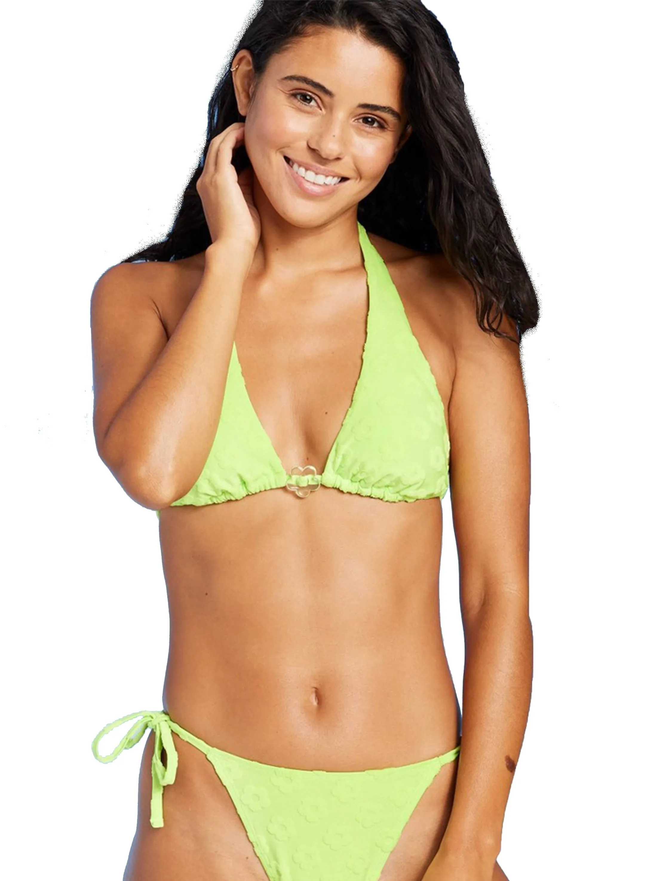 Damen-Bikini-Oberteil mit floraler Textur und Ringfront in Limettengrün