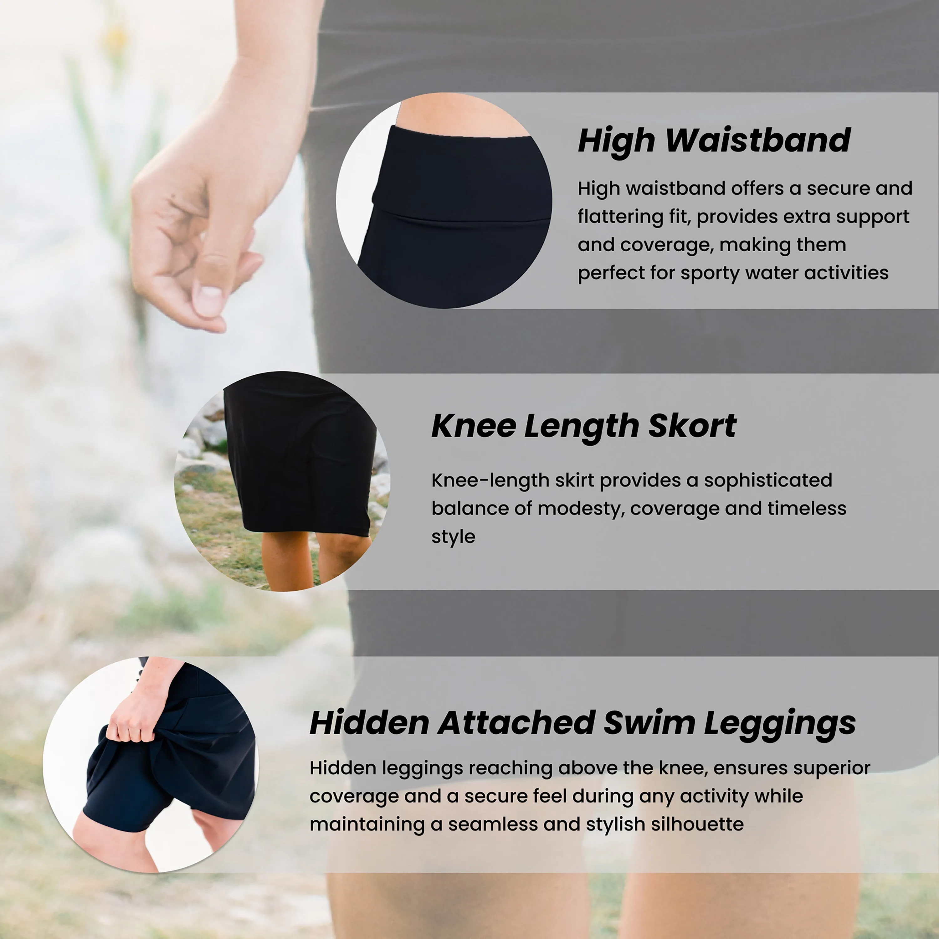 Damen Badeanzug Rock mit hoher Taille und Kniebund sowie integrierter Radlerhose