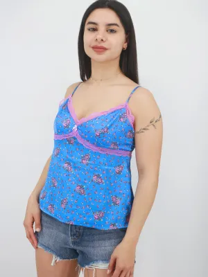 Damen Spitzenbesatz Blumenmuster Schlafanzug Satin Top, Blau