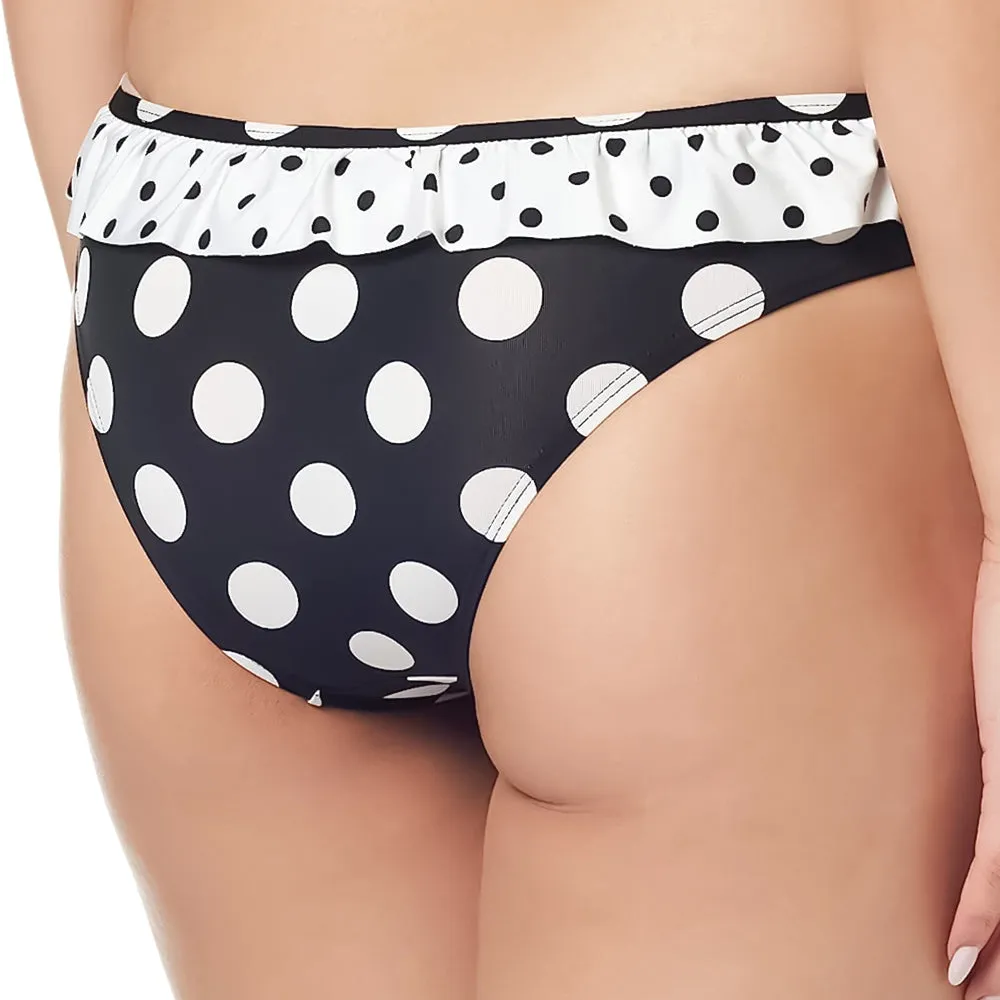 Damen-Bikiniunterteil mit Rüschen und Punkten, Schwarz/Weiß