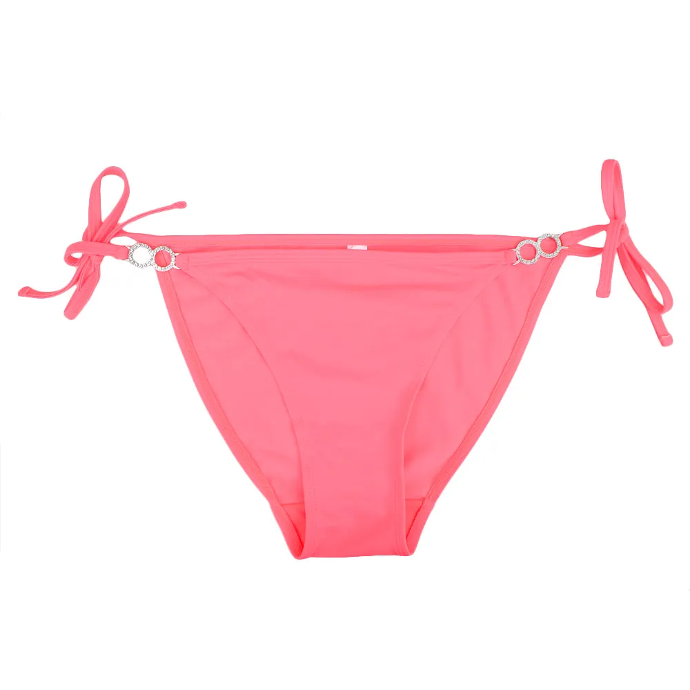 Damen-Bikiniunterteil mit seitlicher Schnürung und Ringdetail, Neon Koralle