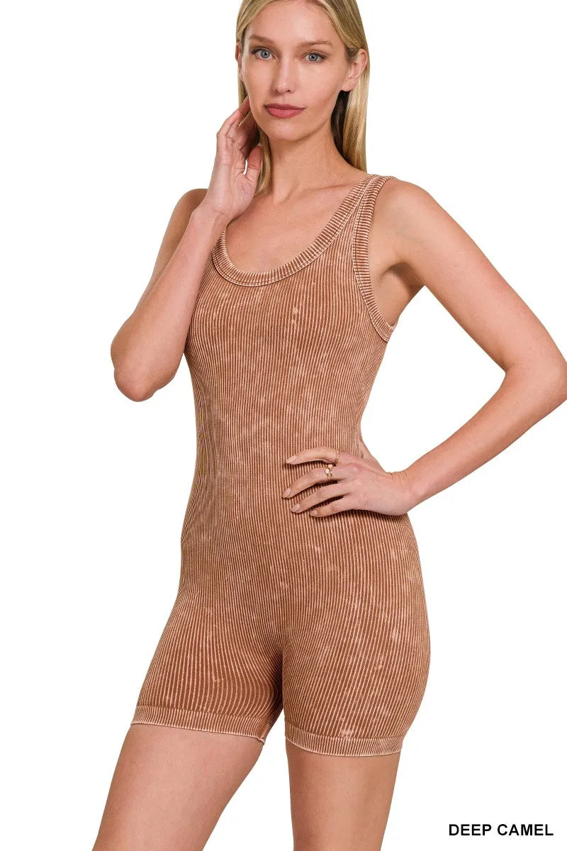 Zenana Stone Washed Rippenstruktur Nahtloser Sport-Overall NPW-6370 Tiefes Kamel
