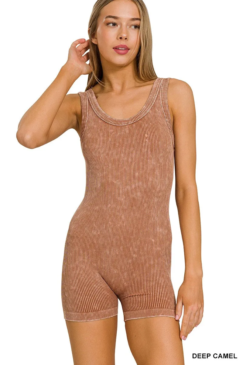 Zenana Stone Washed Rippenstruktur Nahtloser Sport-Overall NPW-6370 Tiefes Kamel