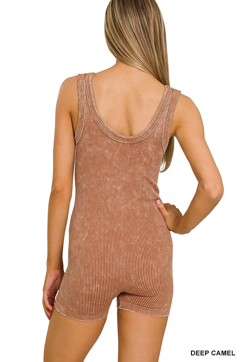 Zenana Stone Washed Rippenstruktur Nahtloser Sport-Overall NPW-6370 Tiefes Kamel